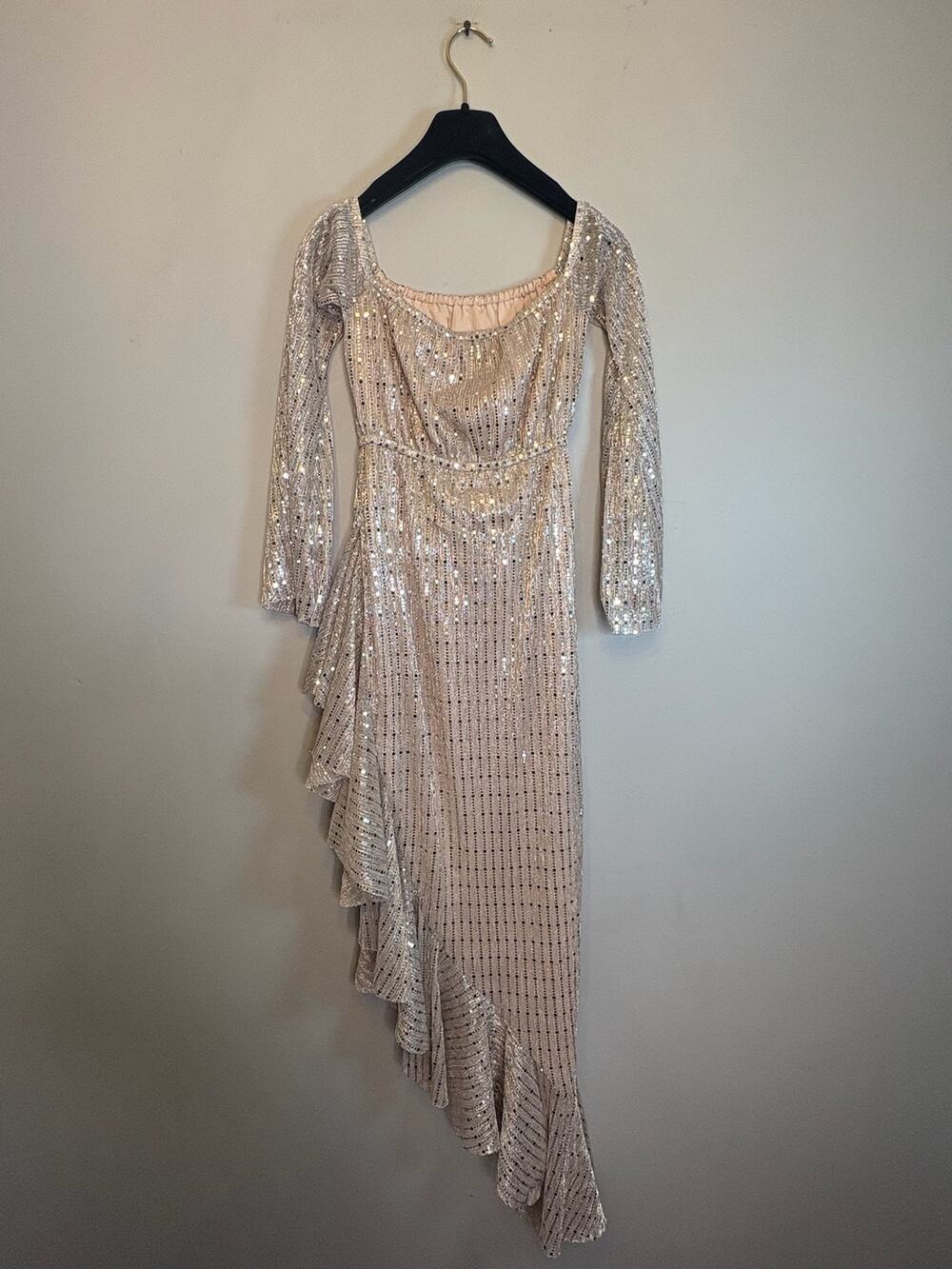Michael Costello X Revolve Gold Sequin Fringe Square Neck Gown Hi Low Dress S